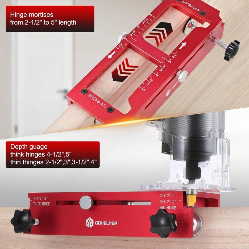 Gohelper Door Hinge Jig and Door Lock Installation Kit, Aluminum Alloy Router Template for Hinge Mortising 2.5" to 5", 1/4" R, 5/8" R, Square Corner Hinge, Not for Jamb, Door Hole Drilling Kit for Wooden Door - Image 4